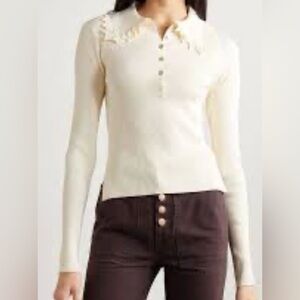 Ulla Johnson Liese Cream Ruffled Knit Polo Sweater.
